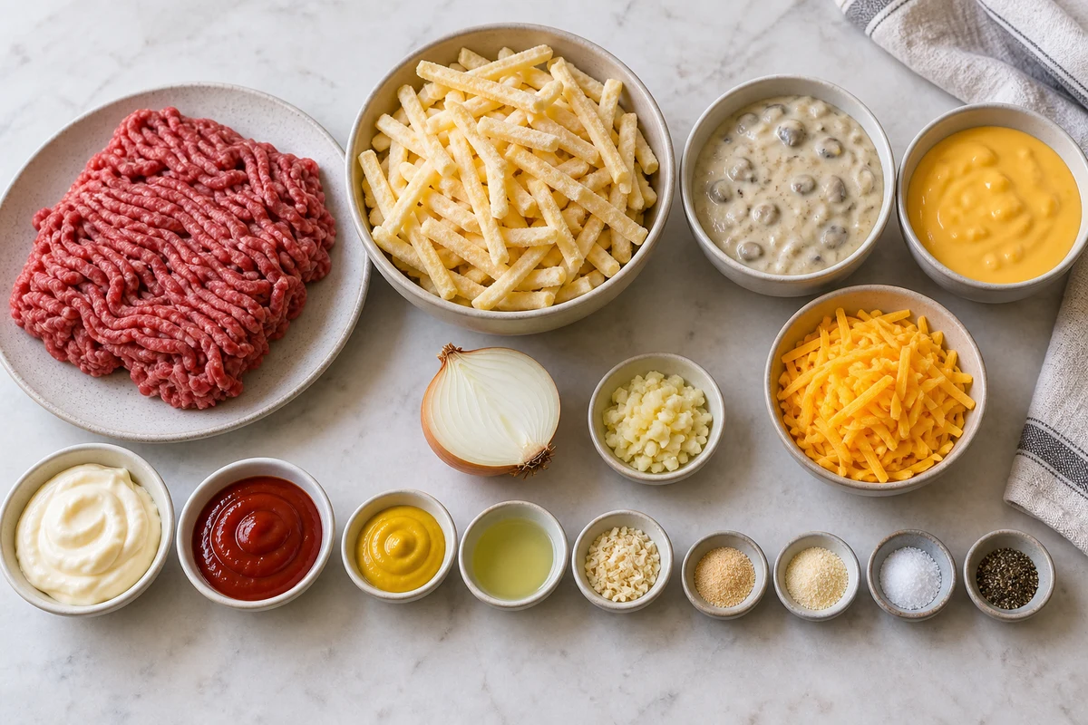 Ground beef, shoestring fries, two soups, half an onion, garlic, cheddar, seasonings, and burger sauce ingredients