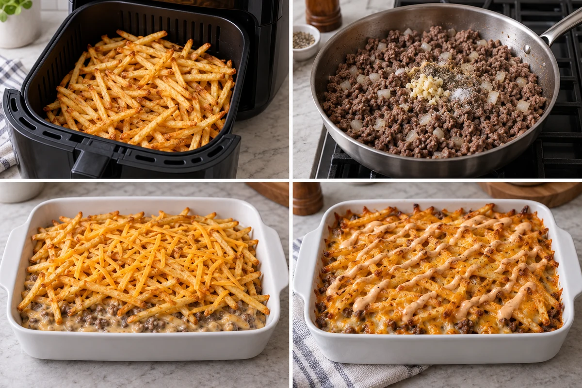Four stages showing shoestring fries crisped, beef and onion browned, casserole layered, and burger sauce drizzled after baking
