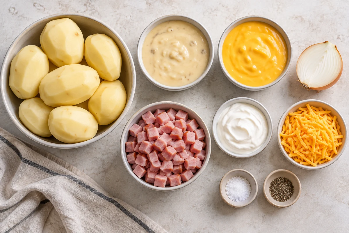 Peeled potatoes, chicken and cheddar soups, half an onion, diced ham, sour cream, cheddar, salt, and pepper