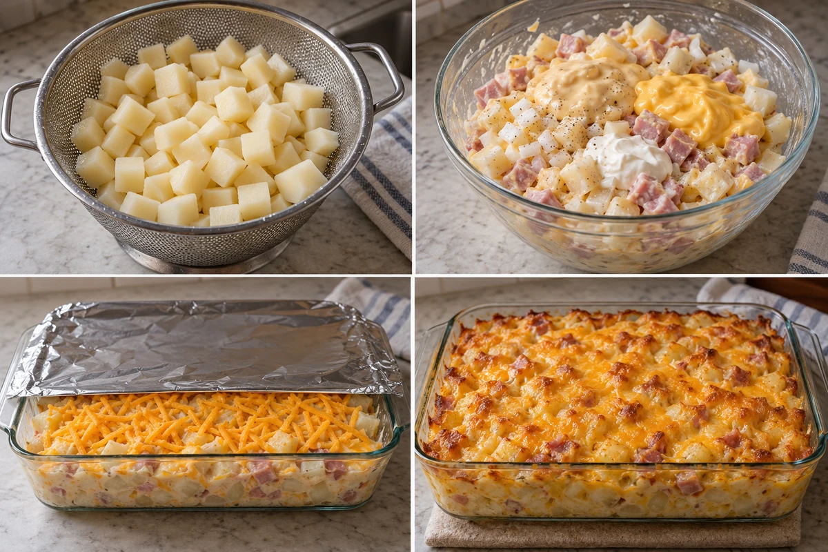 Four stages showing diced potatoes drained, creamy ham mixture combined, casserole covered with cheese, and golden casserole baked