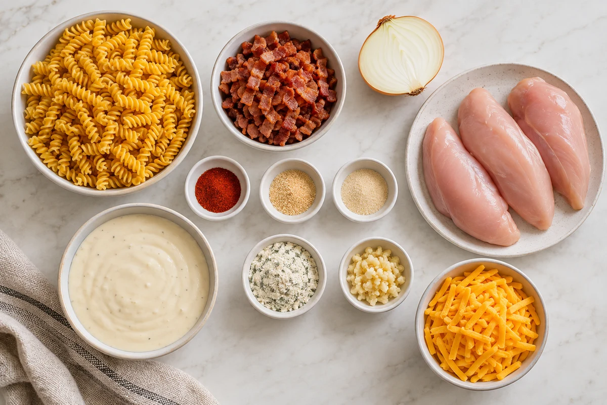 Rotini, cooked bacon, half an onion, three chicken breasts, seasonings, garlic, Alfredo sauce, and cheddar