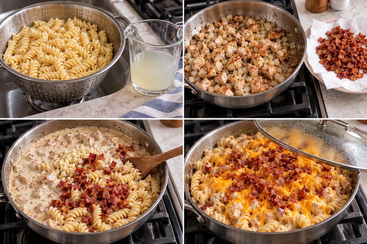 Four stages showing rotini drained, chicken and onion cooked with bacon reserved, Alfredo combined, and cheddar melted over pasta