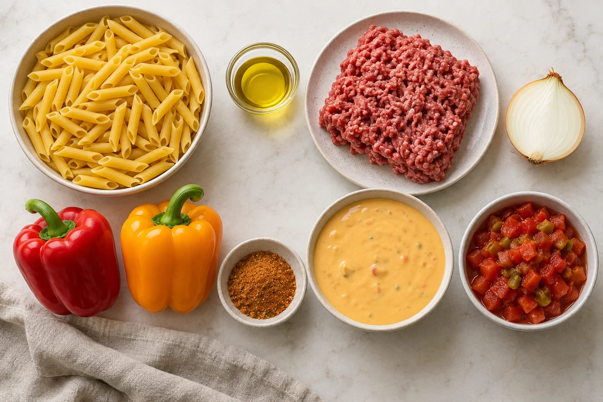 Penne, olive oil, ground beef, half an onion, two bell peppers, taco seasoning, queso, and drained tomatoes with green chiles