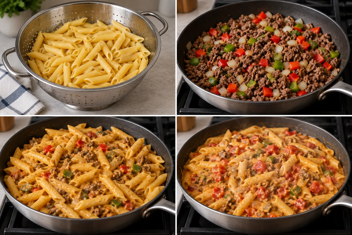 Four stages showing penne drained, beef and peppers browned, queso folded through pasta, and tomatoes stirred into the finished skillet