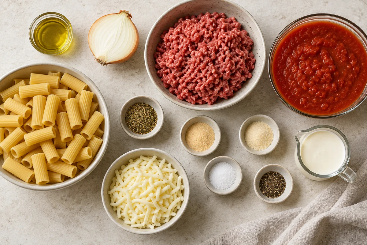 Olive oil, half an onion, ground beef, Italian herbs, onion and garlic powders, seasonings, marinara, cream, rigatoni, and mozzarella