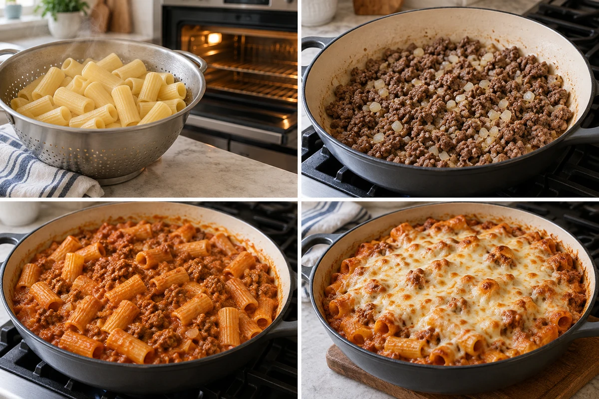 Four stages showing rigatoni drained, beef and onion browned, creamy meat sauce combined with pasta, and mozzarella baked bubbly