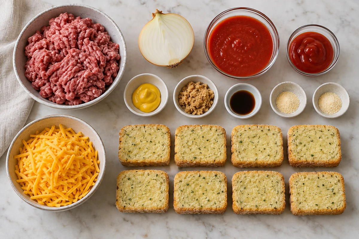 Ground beef, half an onion, tomato sauce, ketchup, mustard, brown sugar, Worcestershire, seasonings, eight garlic toasts, and cheddar