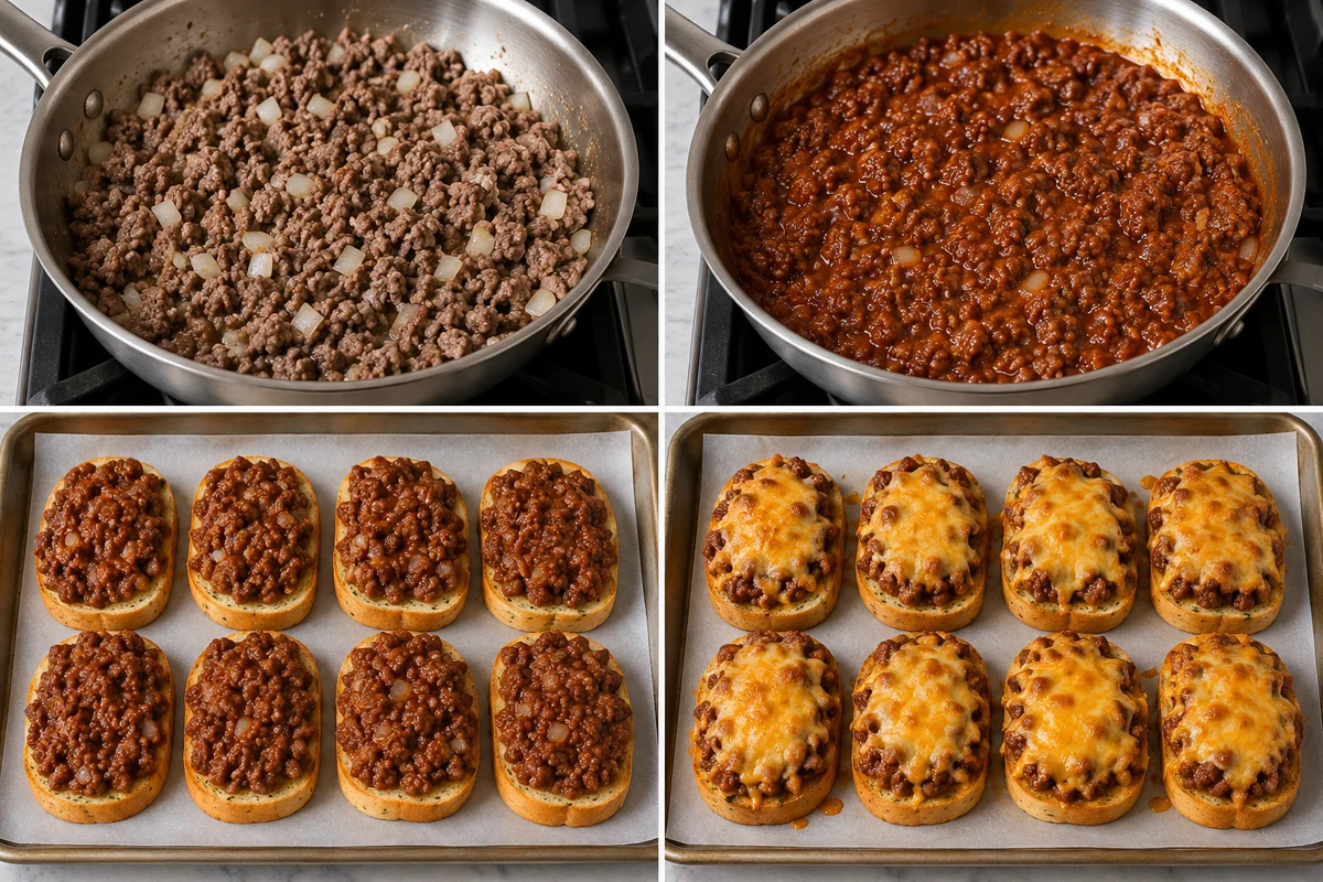Four stages showing beef browned, sloppy joe sauce simmered, eight garlic toasts topped, and eight cheesy toasts baked