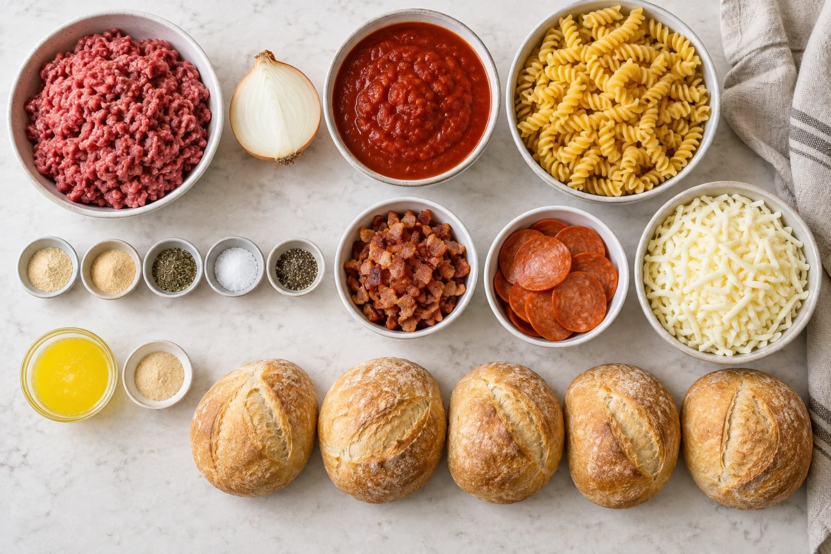 Ground beef, half an onion, seasonings, marinara, bacon, pepperoni, rotini, mozzarella, five bread boules, butter, and garlic powder