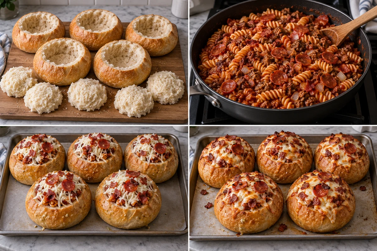 Four stages showing five boules hollowed, pizza pasta combined, five bowls brushed and filled, and five bowls baked golden