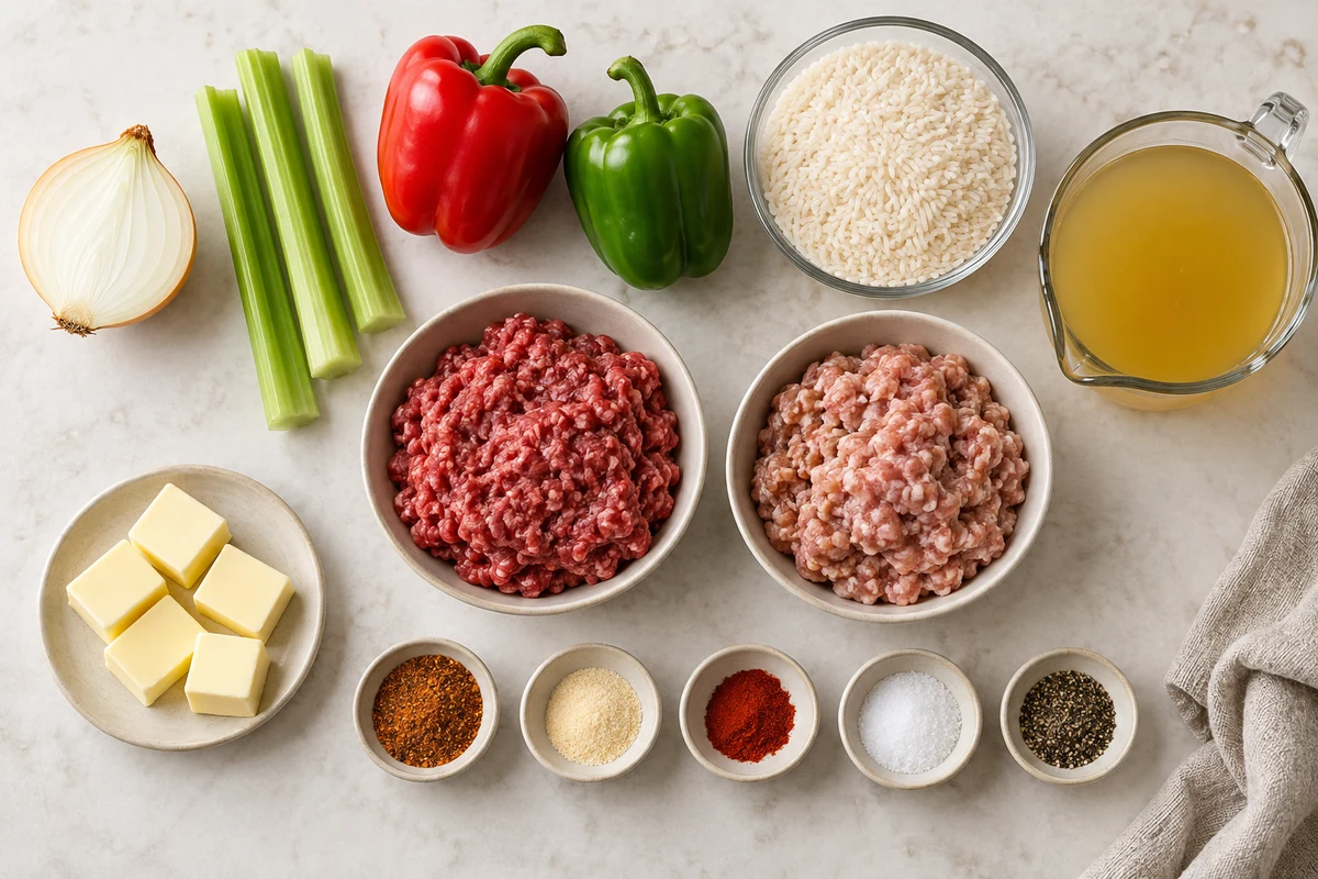 Butter, half an onion, three celery stalks, two bell peppers, ground beef, pork sausage, spices, instant rice, and chicken broth
