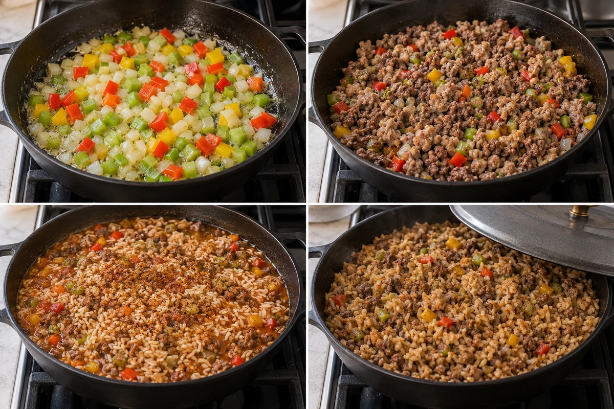 Four stages showing vegetables sautéed in butter, beef and sausage browned, instant rice and broth added, and dirty rice cooked and fluffed