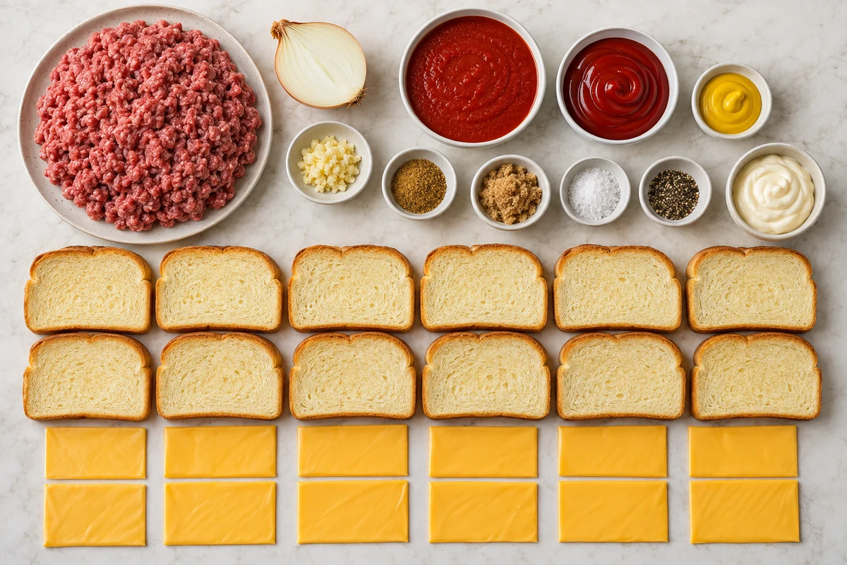 Ground beef, half an onion, garlic, tomato sauce, ketchup, mustard, bouillon, brown sugar, seasonings, twelve Texas toast slices, twelve cheese slices, and mayonnaise