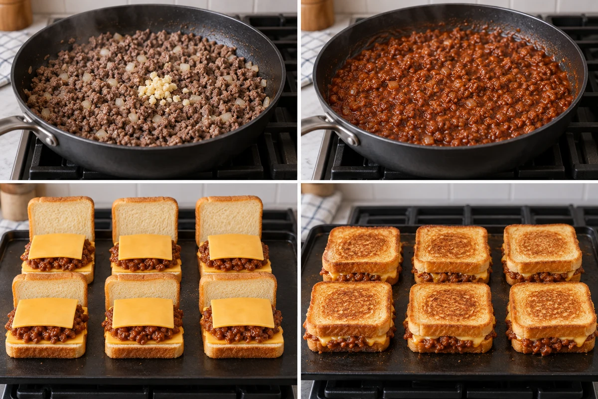 Four stages showing beef browned, sloppy joe sauce simmered, six sandwiches assembled with twelve bread and cheese slices, and six sandwiches grilled
