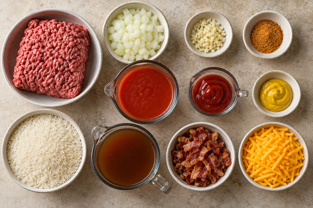Ground beef, onion, garlic, seasoned salt, tomato sauce, ketchup, mustard, instant rice, beef broth, bacon, and sharp cheddar for Bacon Cheeseburger Rice