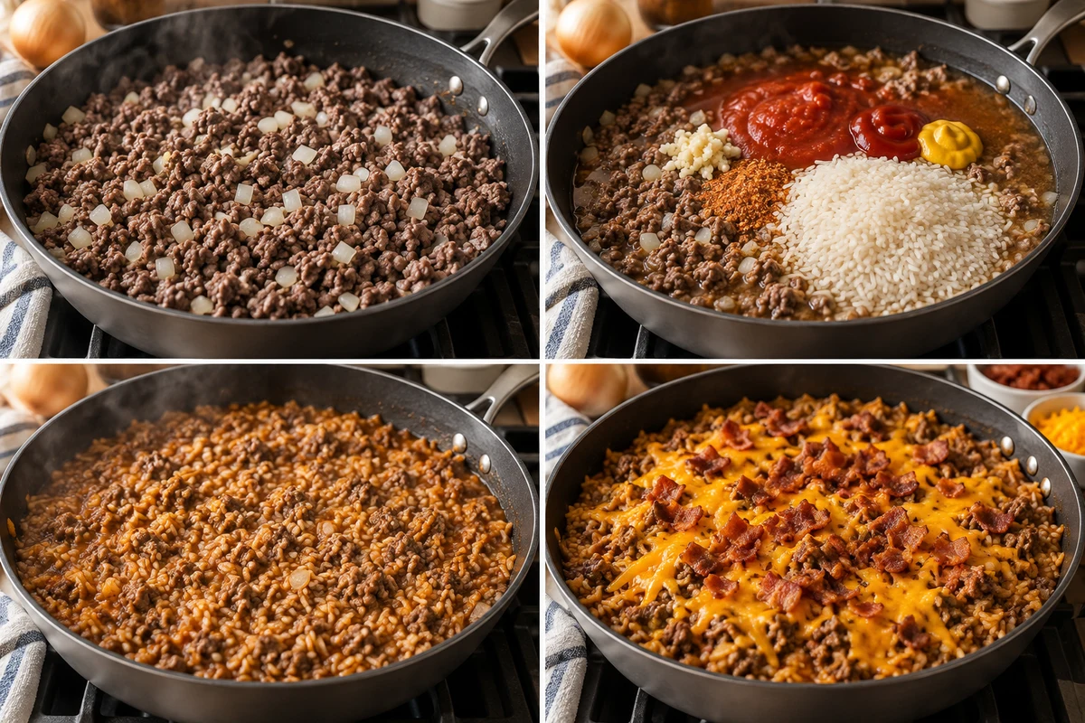 Four stages showing beef and onion browned, sauce rice and broth added, rice simmered, and Bacon Cheeseburger Rice finished with cheddar and bacon