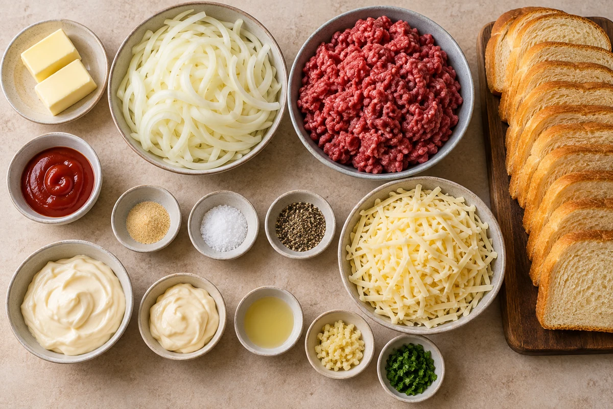 Butter, three onions, ground beef, seasonings, Gruyere, twelve Texas toast slices, mayonnaise, lemon, garlic, parsley, and ketchup