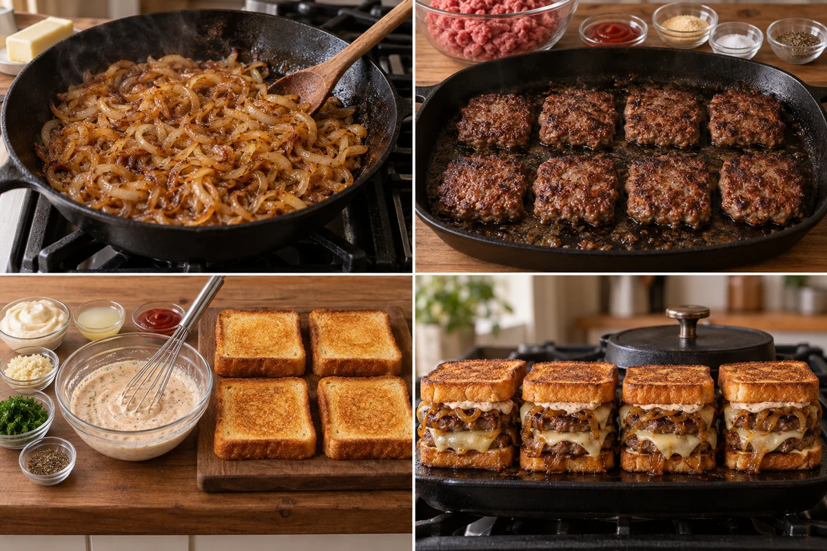 Four stages showing onions caramelized, eight square patties cooked, aioli mixed beside four toasted slices, and four stacked patty melts grilled