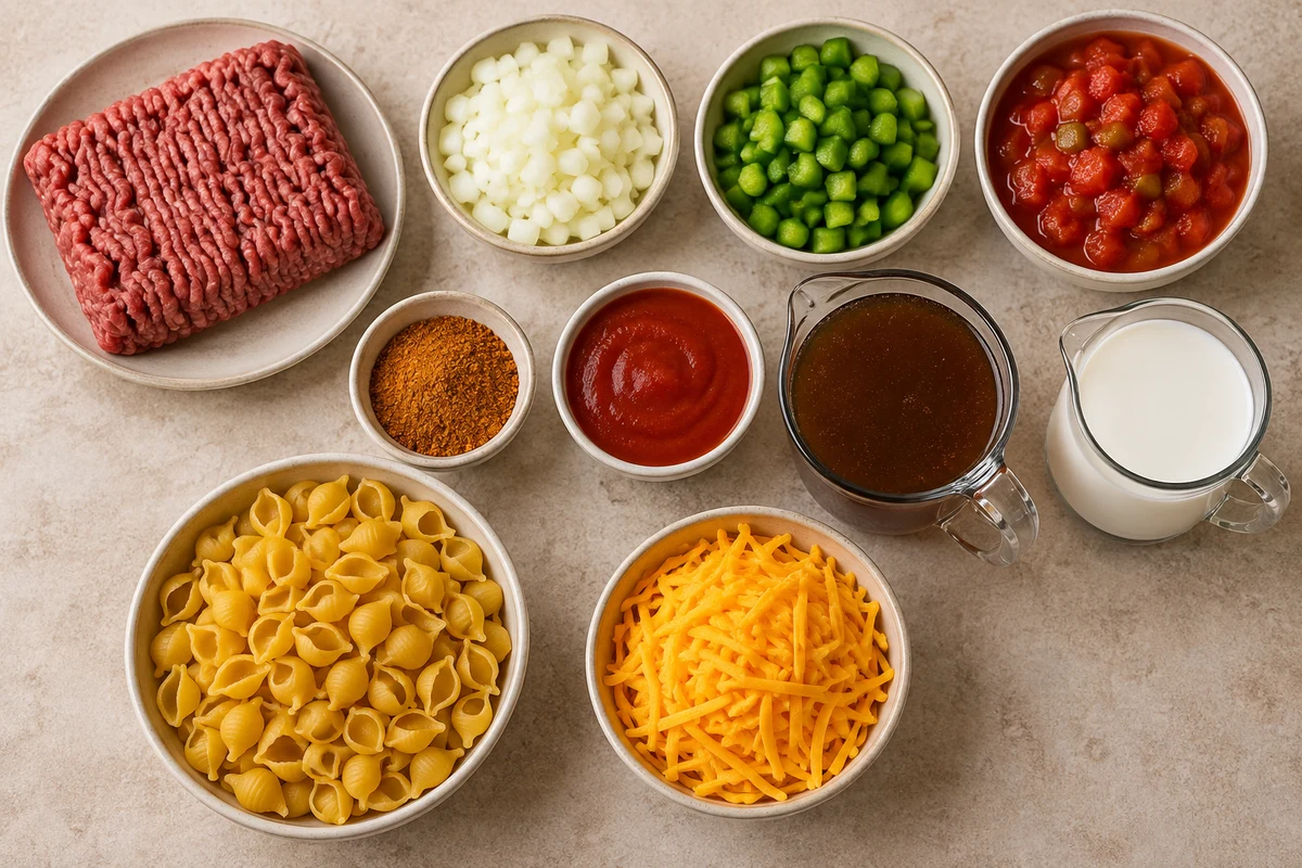 Ground beef, onion, one green bell pepper, diced tomatoes with green chiles, taco seasoning, tomato sauce, beef broth, whole milk, shell pasta, and cheddar