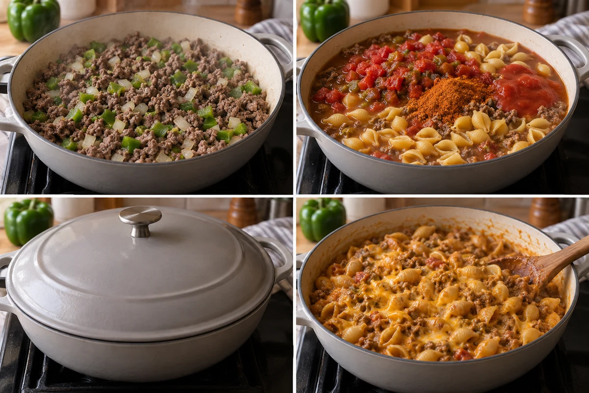 Four stages showing beef onion and one green pepper browned, liquids and shell pasta added, skillet covered, and Cheesy Taco Mac finished with cheddar