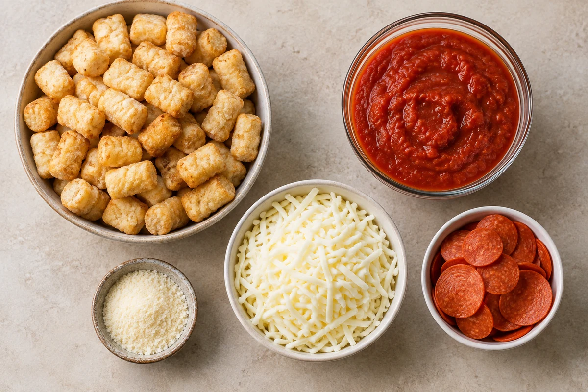 Frozen tater tots, marinara sauce, shredded mozzarella, pepperoni slices, and optional grated Parmesan for pizza tater tot casserole