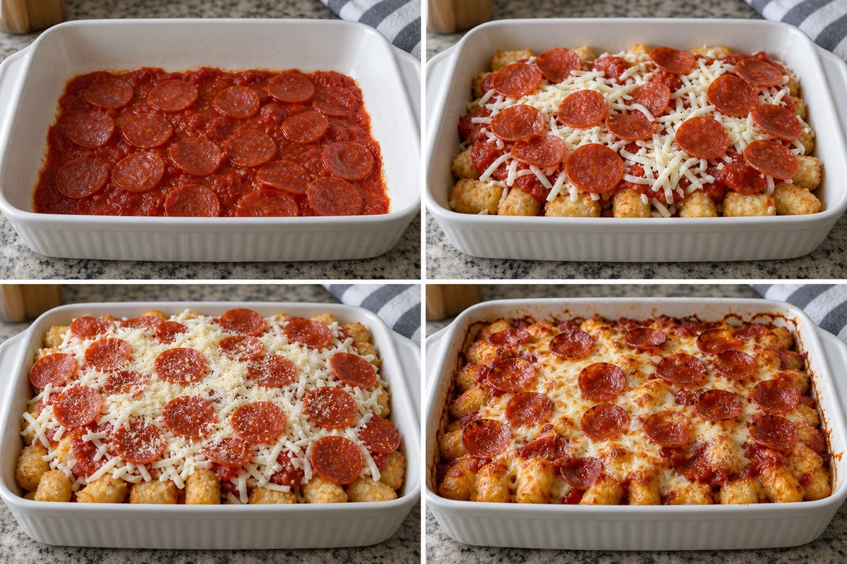 Four stages showing sauce and pepperoni base, first tater tot layer, completed layers, and golden baked pepperoni pizza tater tot casserole