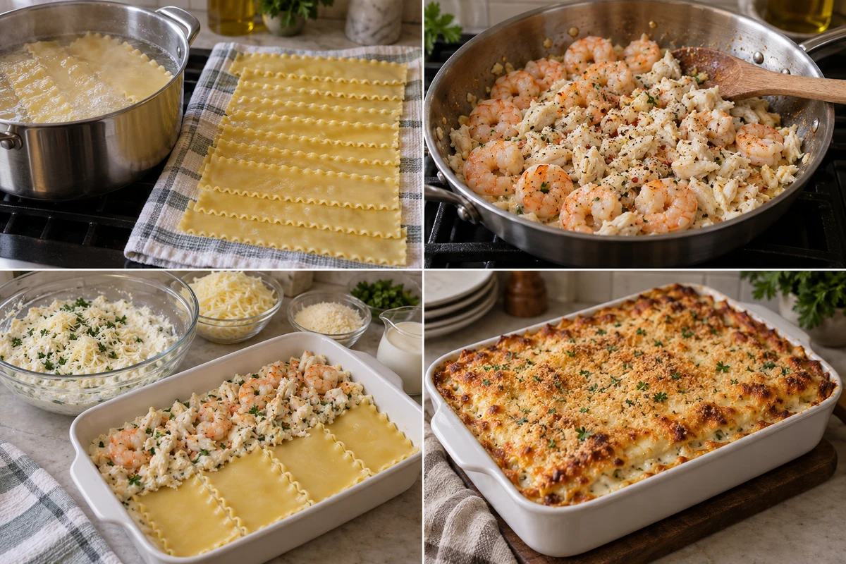 Four stages showing lasagna noodles cooked, shrimp and crab prepared, seafood lasagna layered, and the golden baked lasagna