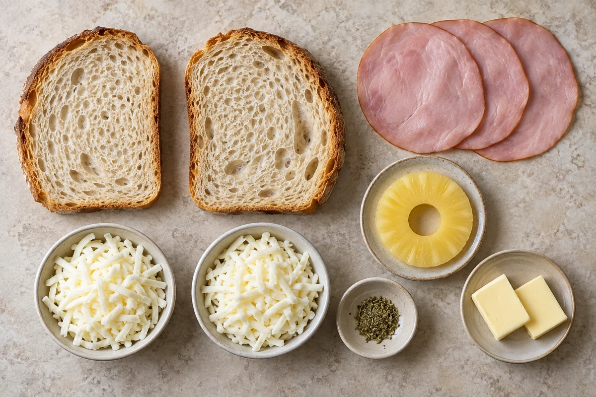 Two sourdough slices, three thin ham slices, one pineapple ring, divided mozzarella, oregano, and butter for Hawaiian grilled cheese