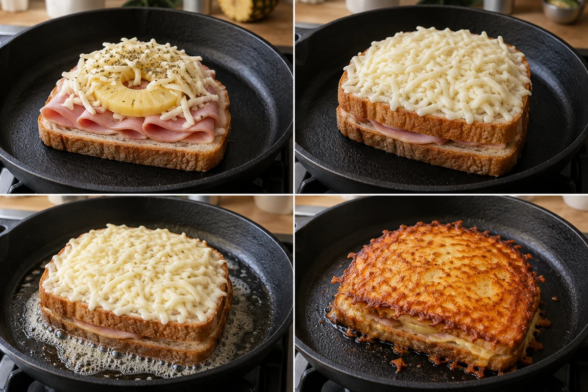 Four stages showing ham pineapple and mozzarella layered, exterior cheese added, first side cooked, and one sandwich flipped onto a crisp cheese crust