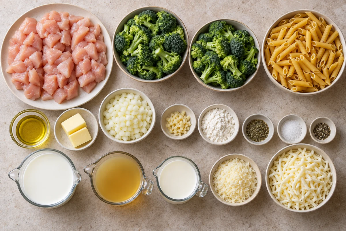Three chicken breasts, two heads broccoli, penne, oil, butter, onion, garlic, flour, seasonings, milk, broth, cream, Parmesan, and mozzarella