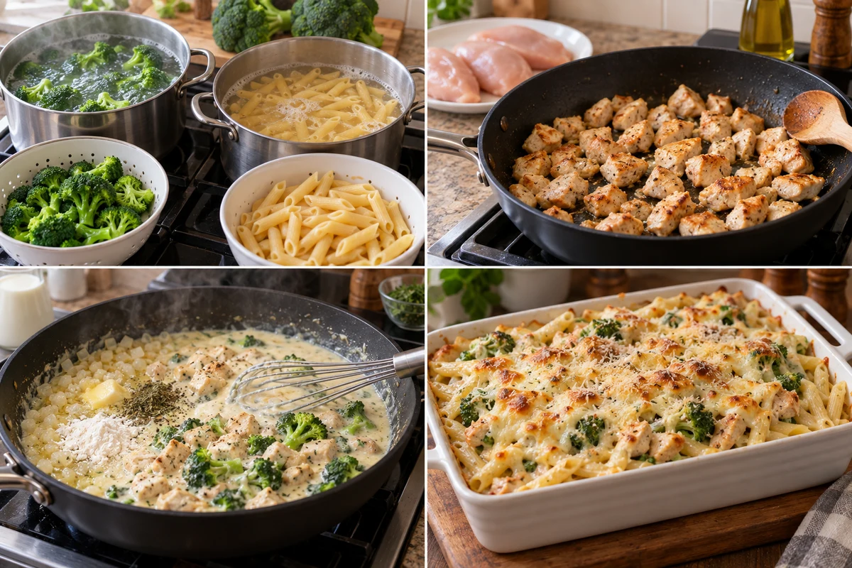 Four stages showing broccoli blanched and penne cooked, chicken browned, cream sauce made, and chicken broccoli pasta baked with cheese