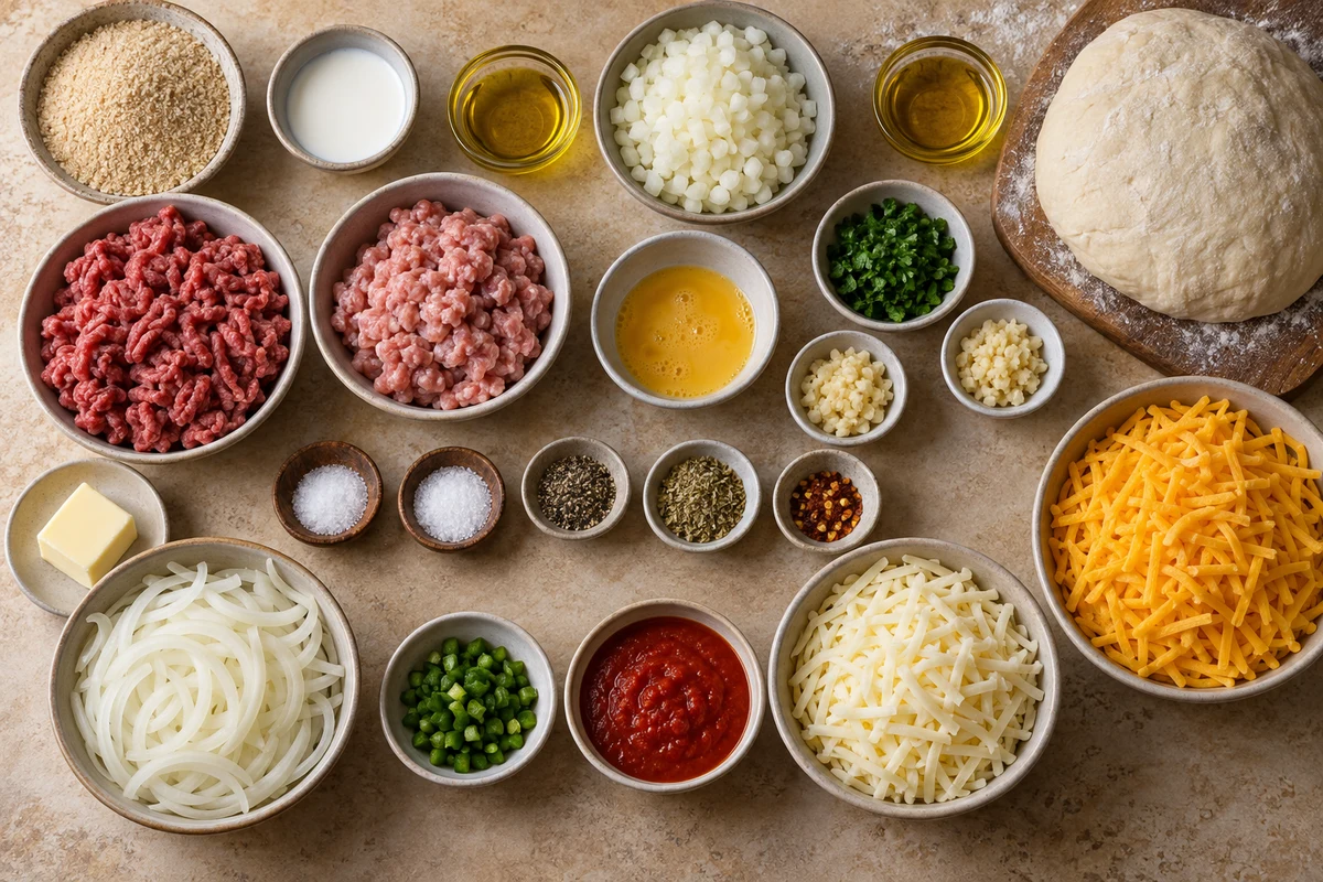 Breadcrumbs, milk, beef, pork, egg, onions, garlic, seasonings, jalapeno, pizza dough, sauce, Monterey Jack, and cheddar
