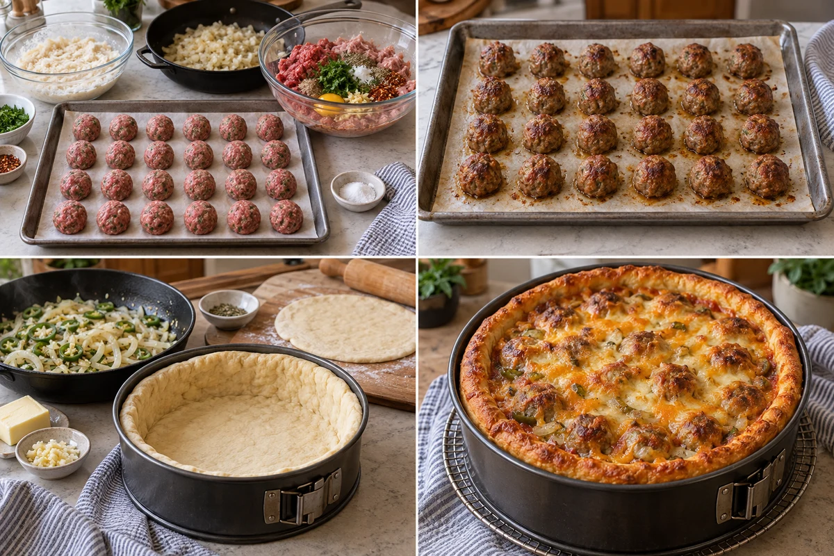 Four stages showing twenty-four meatballs formed, twenty-four meatballs baked, deep dish crust prepared, and meatball pizza baked in a springform pan