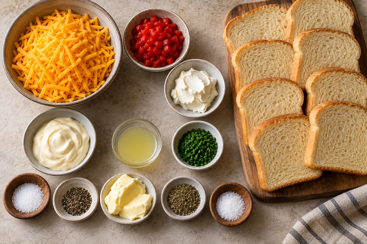Sharp cheddar, diced pimentos, cream cheese, mayonnaise, lemon juice, chives, seasonings, herb butter, and eight bread slices