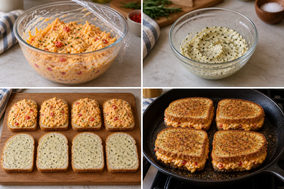 Four stages showing pimento cheese mixed and covered, herb butter prepared, eight bread slices assembled into four sandwiches, and four sandwiches grilled