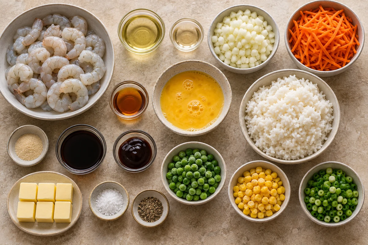 Shrimp, grapeseed oil, mirin, onion, carrots, sesame oil, two eggs, rice, garlic powder, sauces, peas, corn, green onions, butter, salt, and pepper