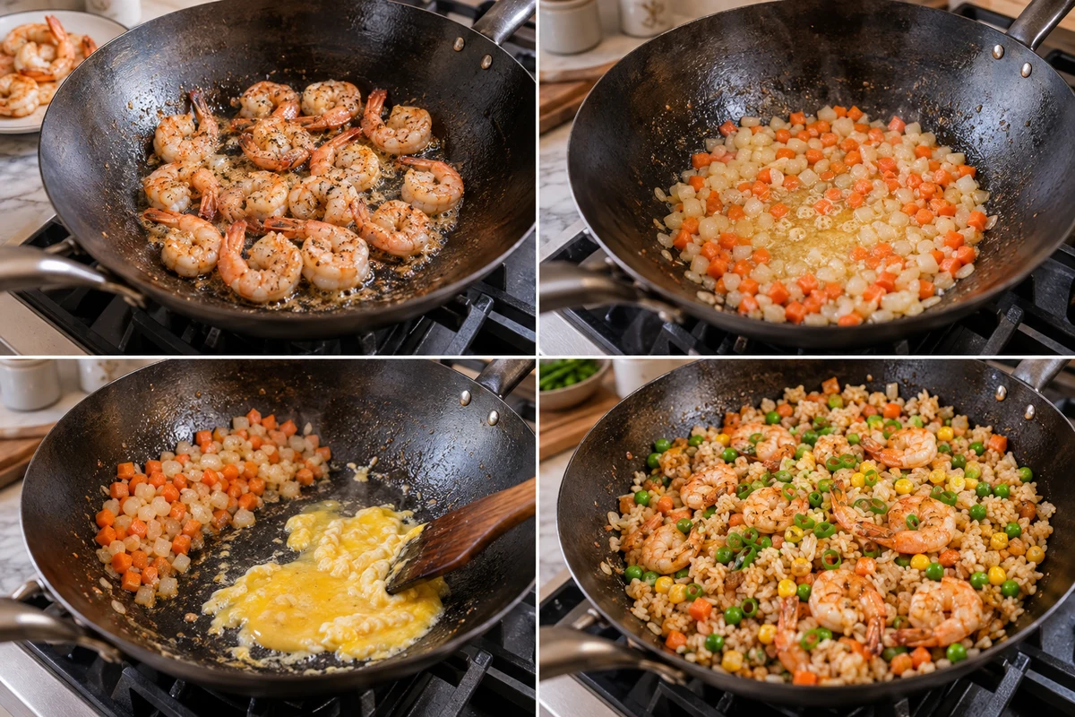 Four stages showing shrimp cooked, onion and carrots sautéed, two eggs scrambled, and Shrimp Fried Rice finished with peas corn and green onions