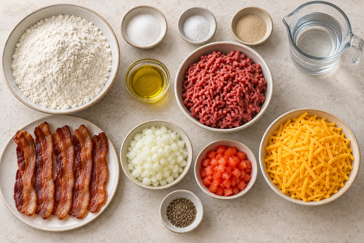 Flour, sugar, salt, yeast, water, olive oil, lean beef, six bacon slices, onion, tomato, cheddar, and black pepper