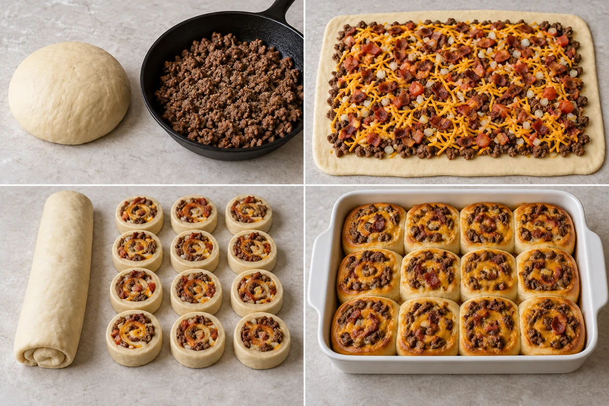 Four stages showing dough and browned beef, cheeseburger filling spread, twelve slices cut, and twelve rolls baked