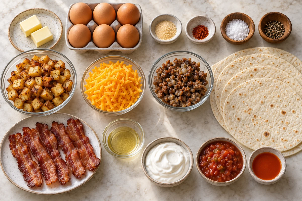 Six eggs, butter, seasonings, four tortillas, breakfast potatoes, cheddar, sausage, five bacon strips, oil, sour cream, salsa, and hot sauce