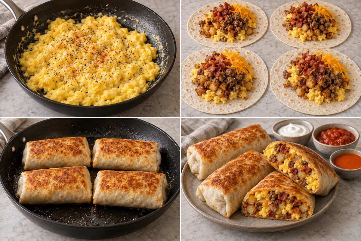 Four stages showing six eggs scrambled, four tortillas filled, four burritos browned, and four breakfast burritos served