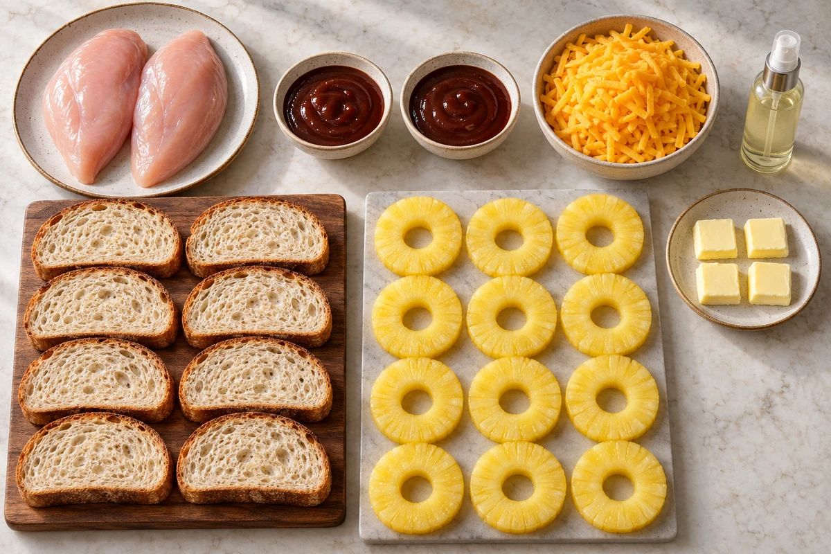 Two chicken breasts, divided barbecue sauce, eight sourdough slices, cheddar, twelve pineapple rings, butter, and cooking spray