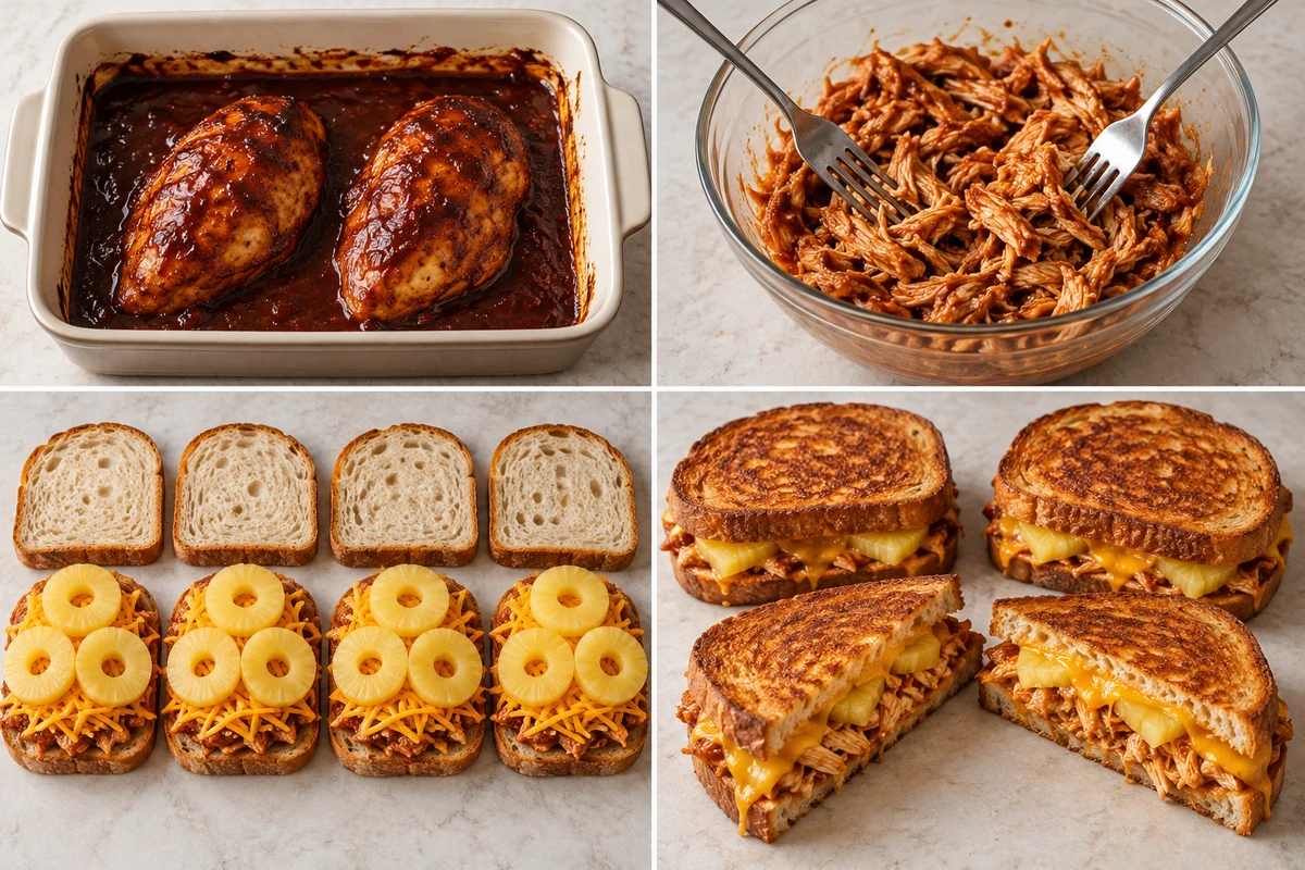 Four stages showing two chicken breasts baked, chicken shredded with barbecue sauce, four sandwiches assembled with twelve pineapple rings, and four sandwiches grilled