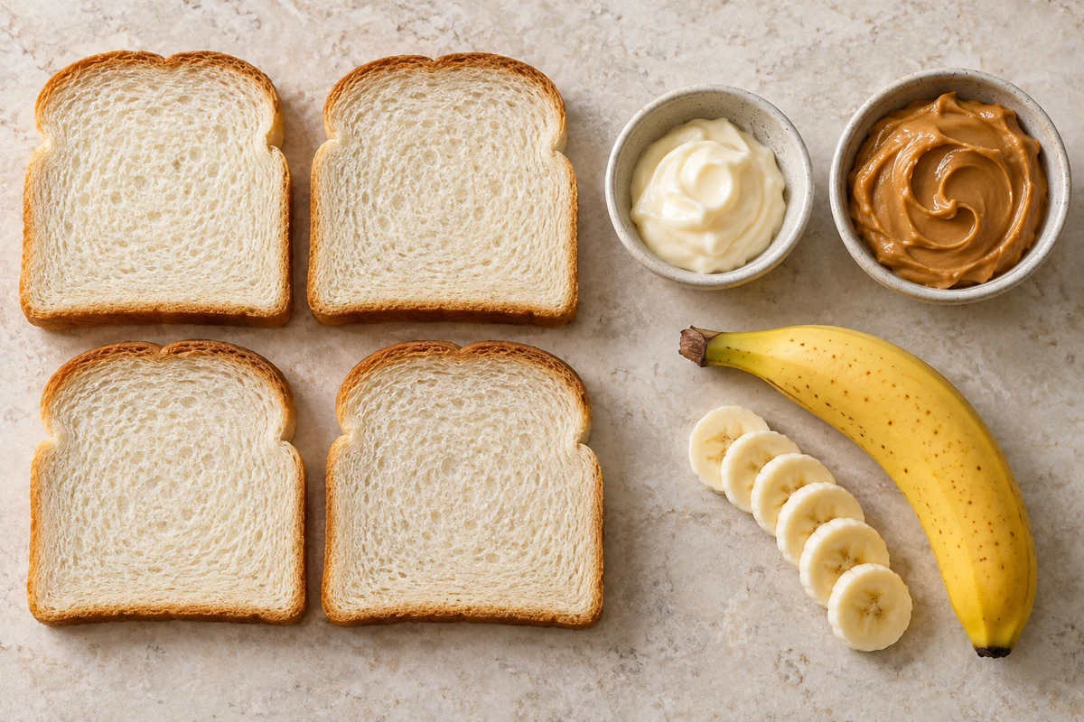 Four thick white bread slices, mayonnaise, creamy peanut butter, and one ripe banana