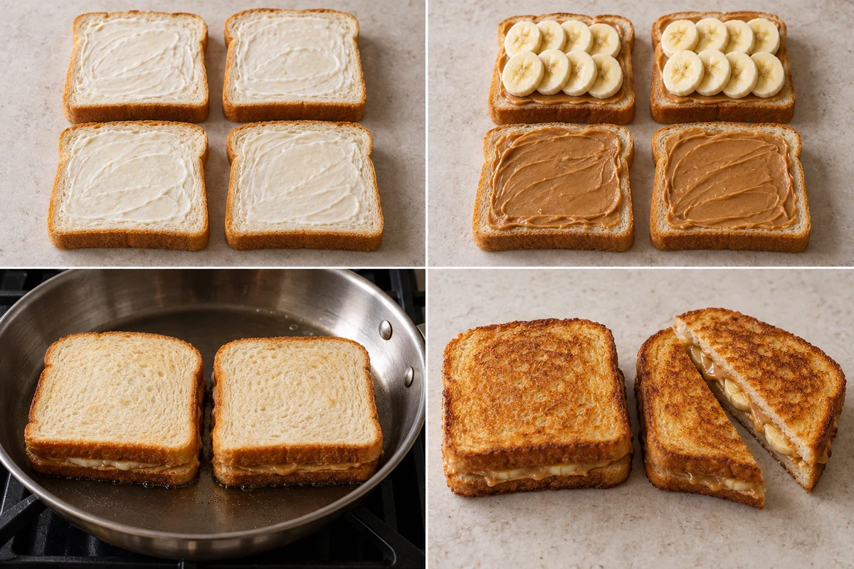 Four stages showing mayonnaise spread on four bread slices, peanut butter and banana added, two sandwiches grilled, and two sandwiches finished