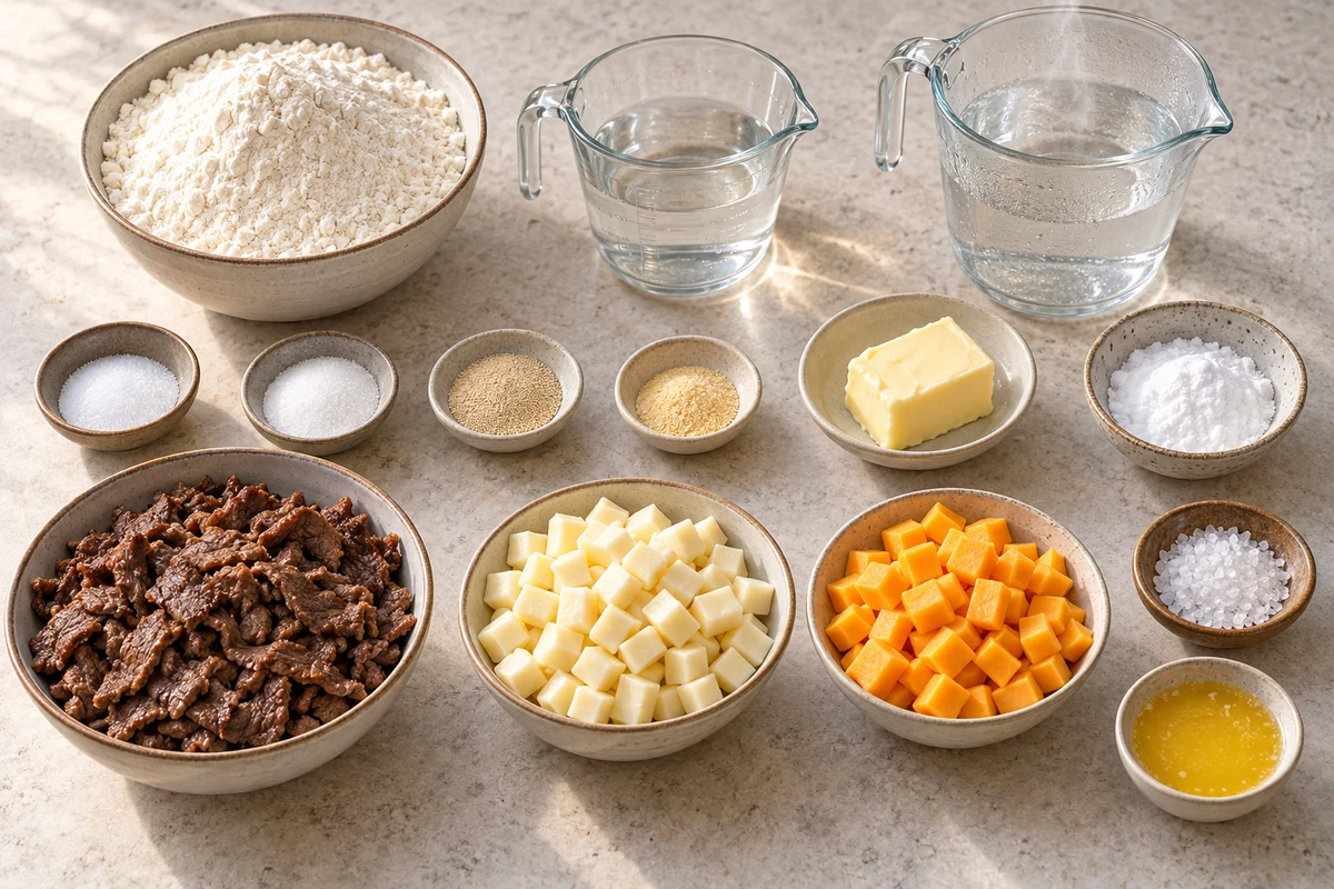 Flour, seasonings, yeast, water, butter, baking soda, cooked shaved steak, Monterey Jack, cheddar, and pretzel salt