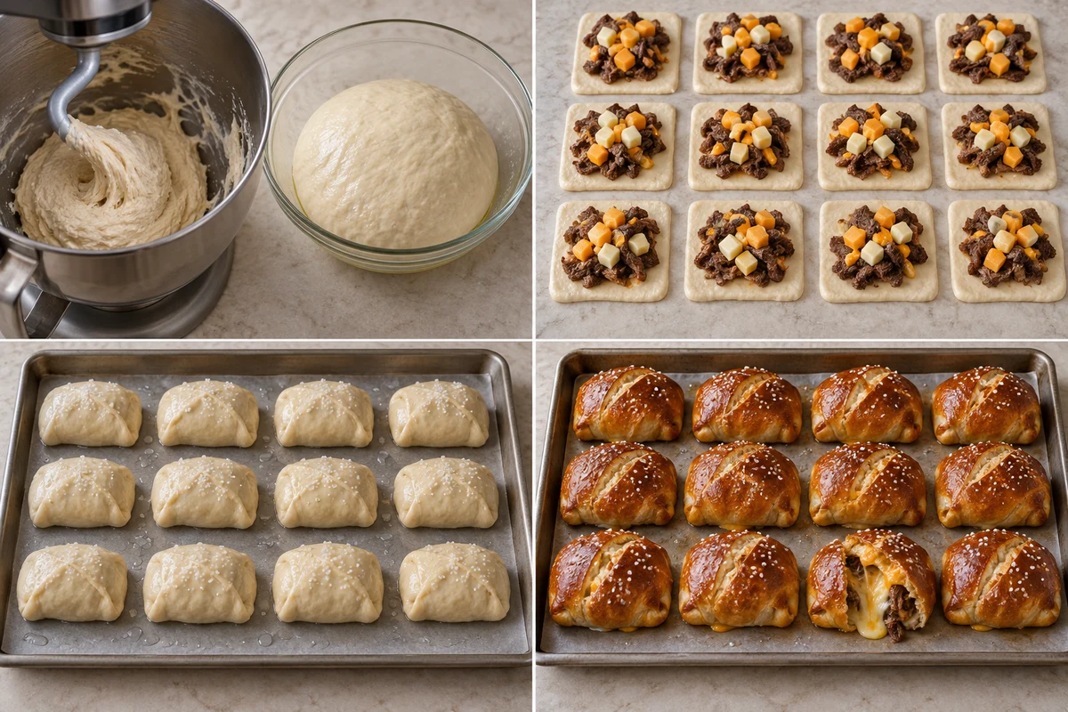 Four stages showing pretzel dough mixed and risen, twelve pieces filled, twelve parcels dipped, and twelve pretzels baked