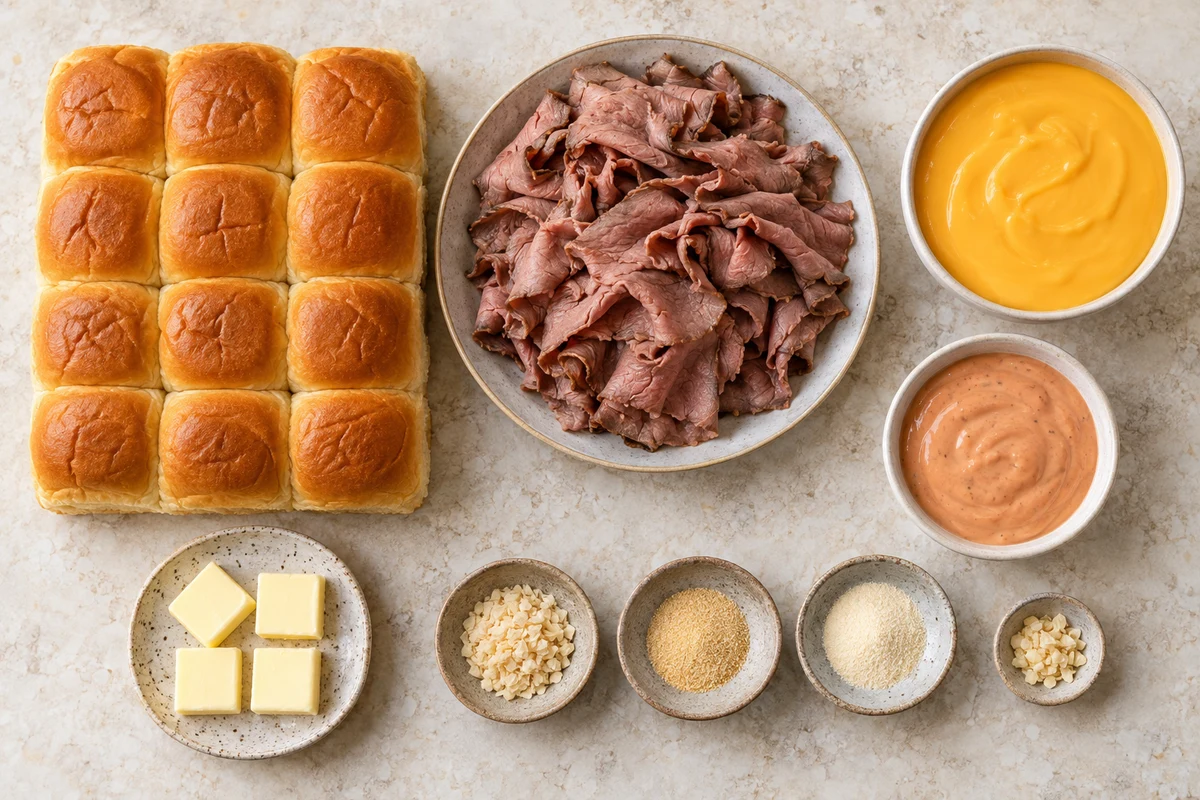 Twelve Hawaiian rolls, sliced roast beef, cheddar cheese sauce, sandwich sauce, butter, dried onion, garlic powder, and onion powder