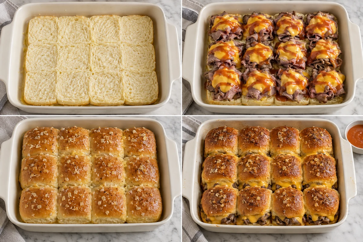Four stages showing twelve rolls sliced, roast beef and cheese sauce layered, seasoned butter brushed, and twelve sliders baked