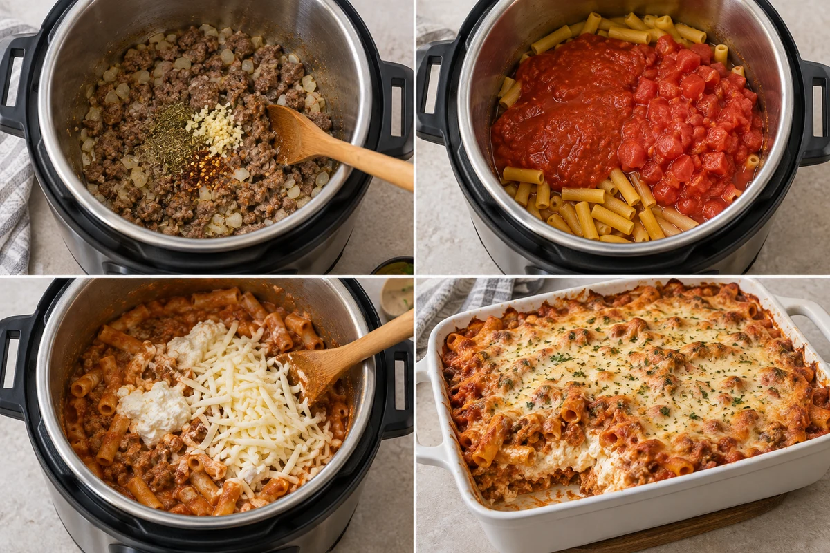 Four stages showing sausage sautéed, ziti and sauces layered without stirring, cheeses mixed in, and ziti baked until bubbly